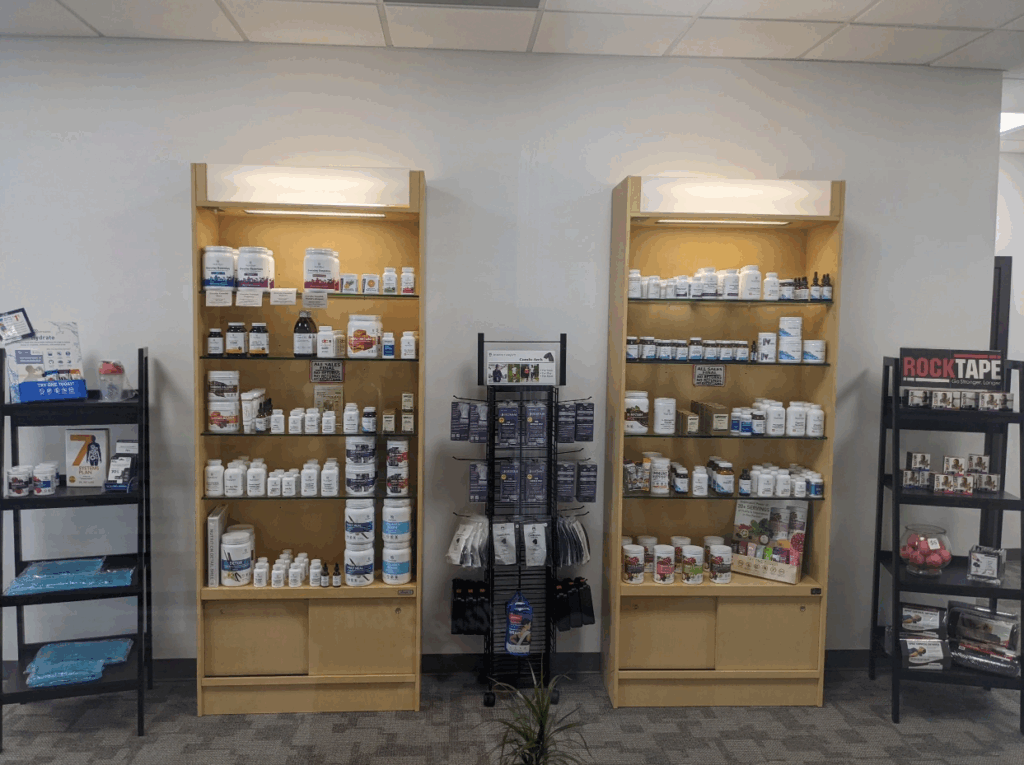 Professional-grade nutritional supplements available inside Dixon Family Chiropractic in Spirit Lake, Iowa, supporting gut health, inflammation reduction, and overall wellness.